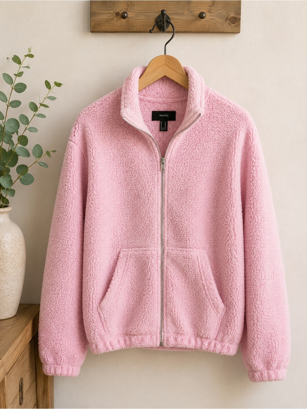 Forever 21 Women’s Medium Pink Sherpa Teddy Fleece Zip Up Hoodie Jacket